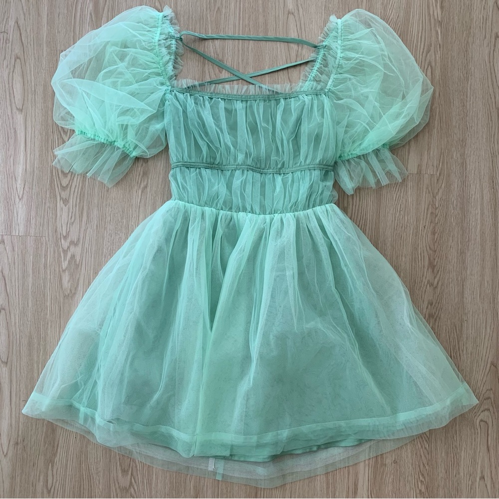 Aqua puff sleeve babydoll tulle mini dress nwot